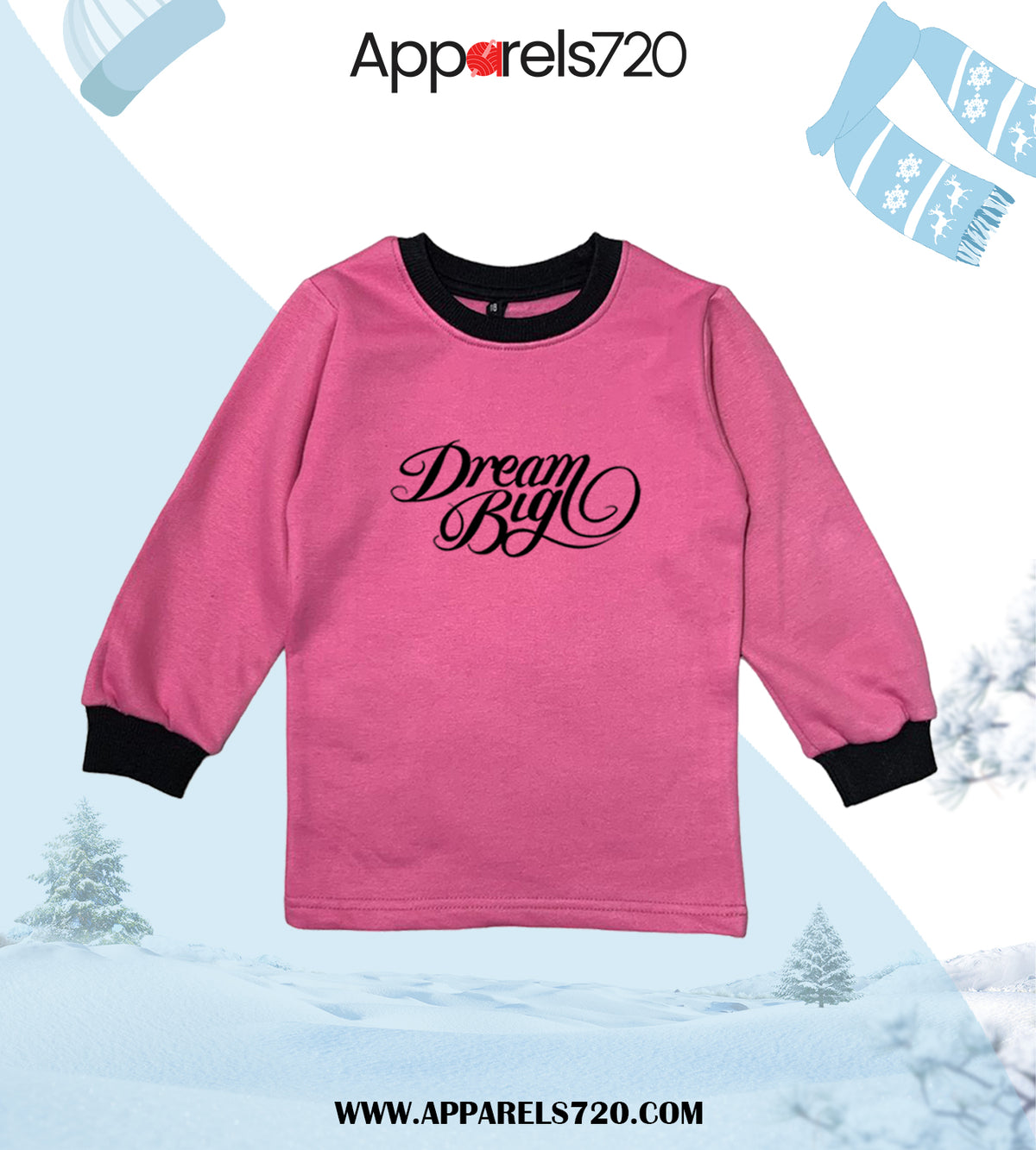 Fleece Printed Sweatshirt For Kids(Dream Big-Baby Pink)