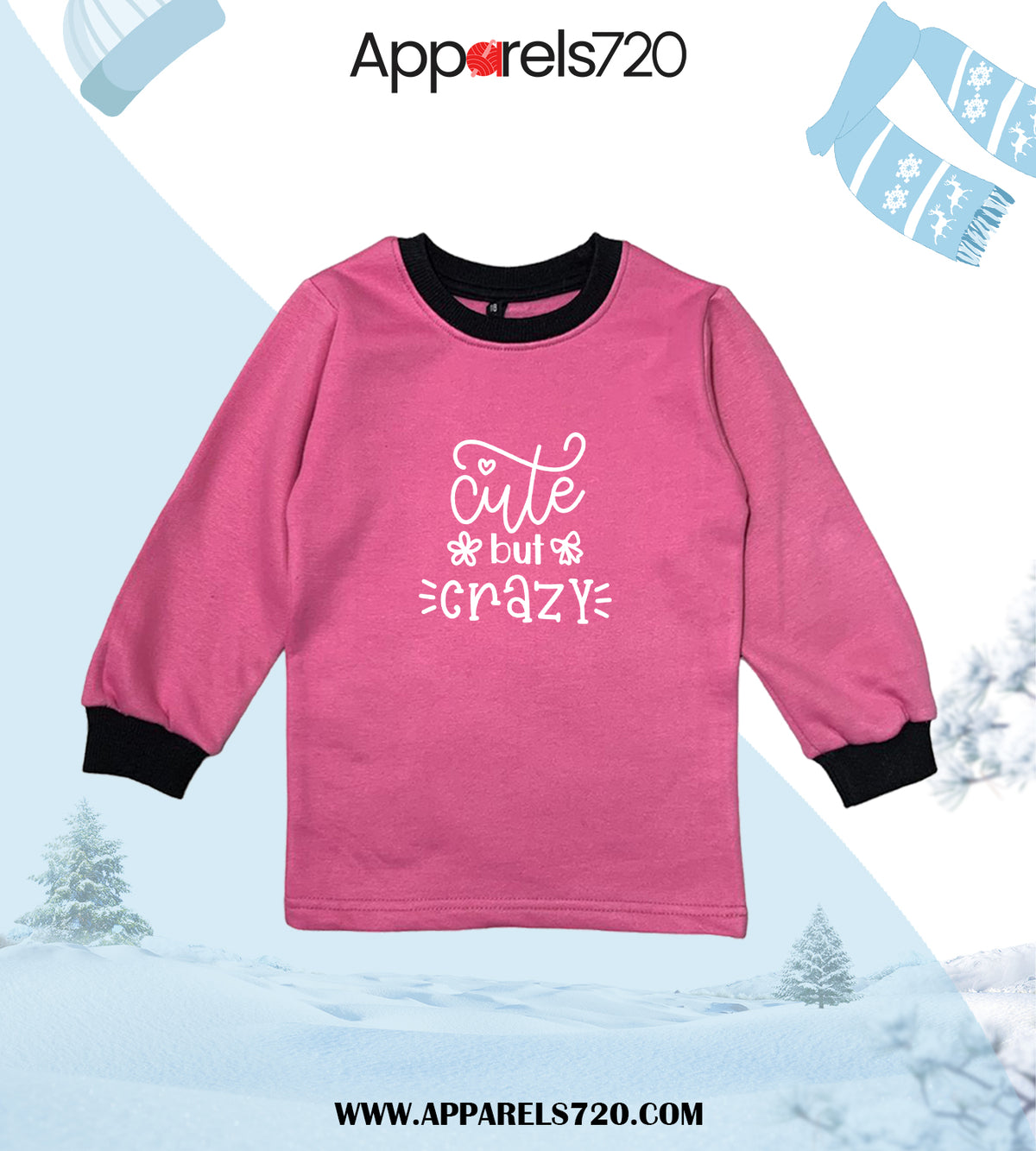 Fleece Printed Sweatshirt For Kids(Cute-Baby Pink)