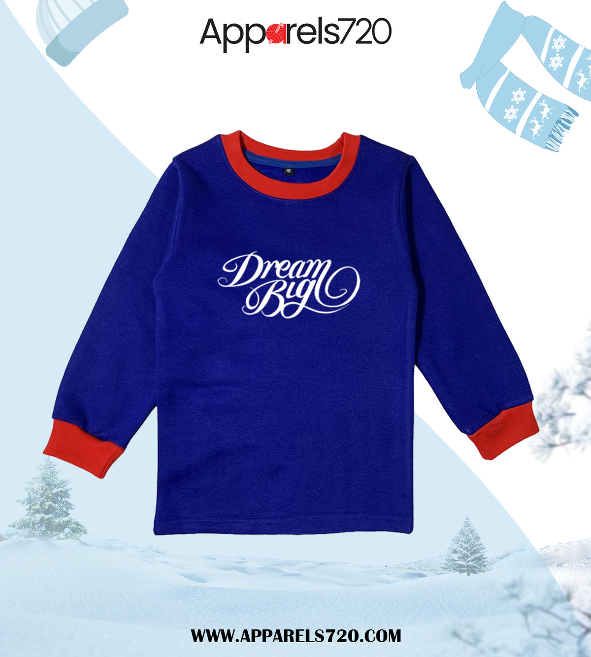 Fleece Printed Sweatshirt For Kids(Dream Big-Royal Blue)