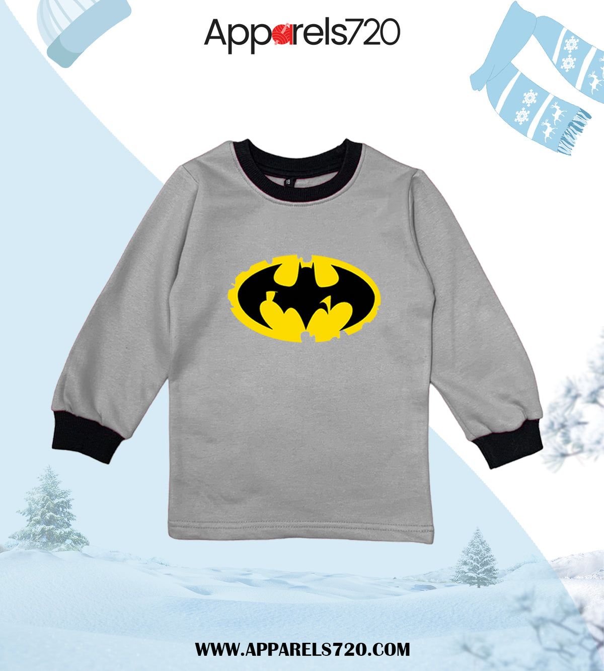 Fleece Printed Sweatshirt For Kids(Batman-Grey)