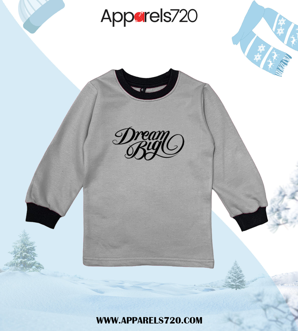 Fleece Printed Sweatshirt For Kids(Dream Big-Grey)