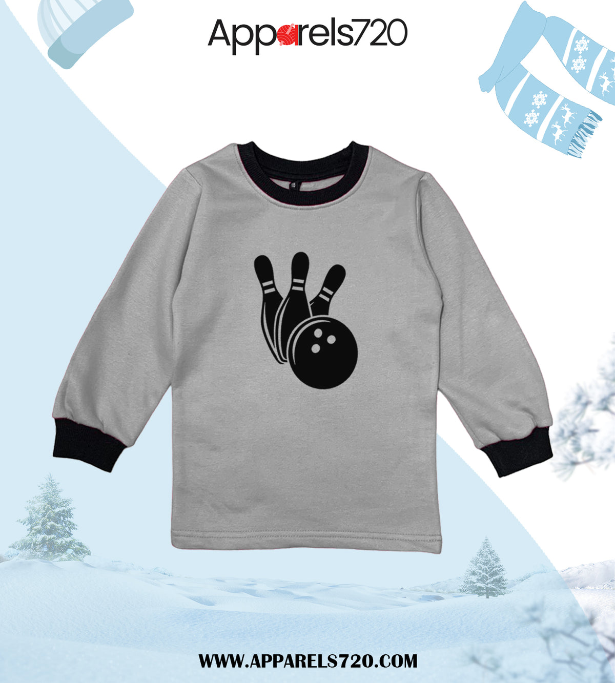 Fleece Printed Sweatshirt For Kids(Bowling-Grey)