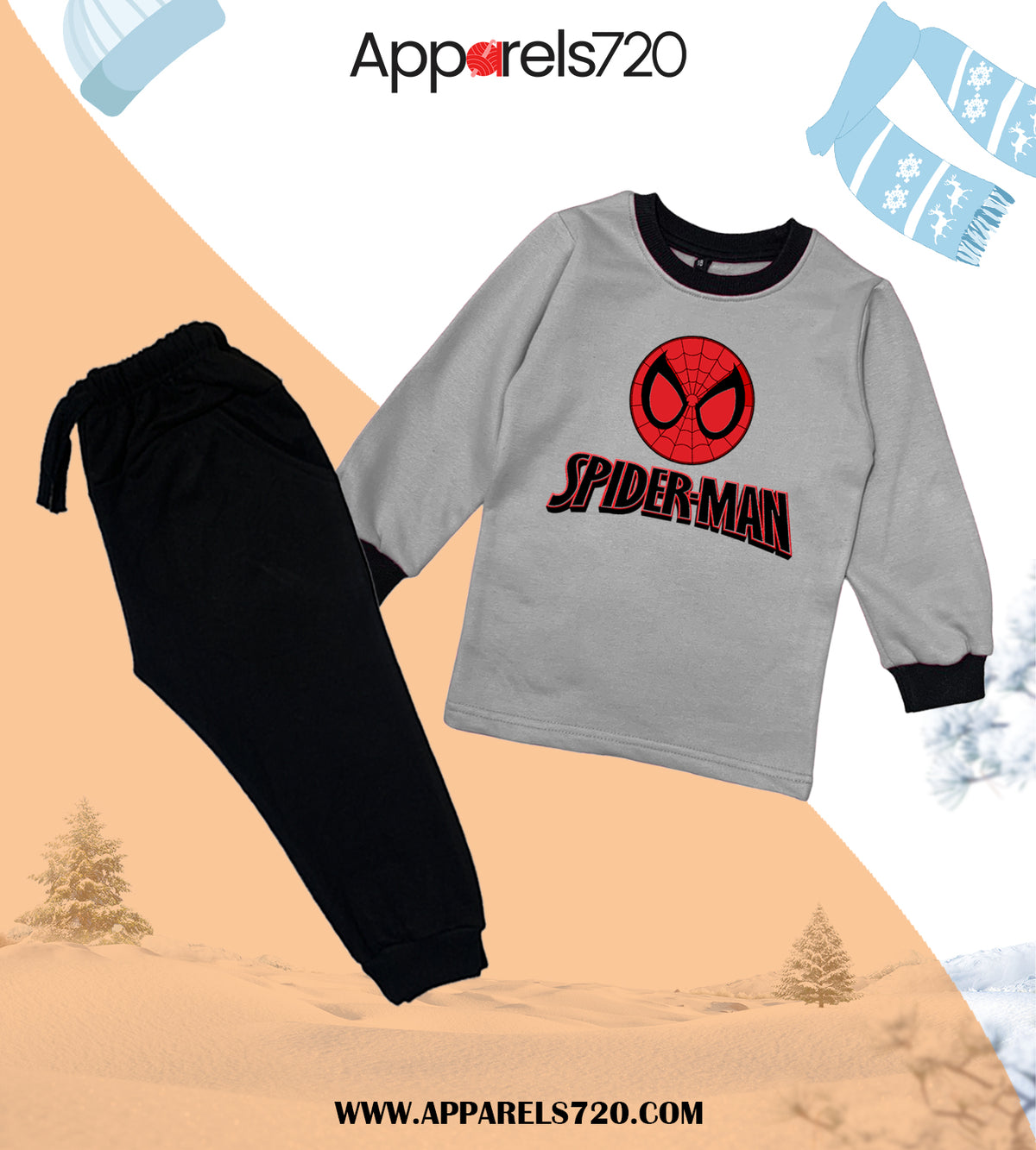 Fleece Spiderman Tracksuit For Kids (Grey)