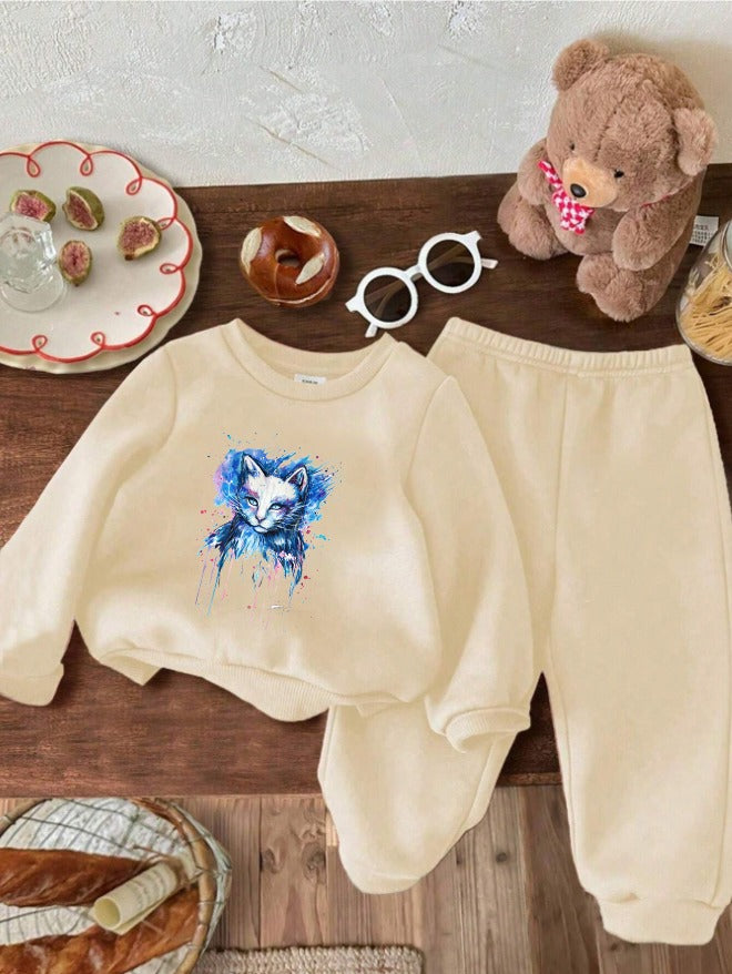 Fleece Track Suit (Cream-Blue Cat)