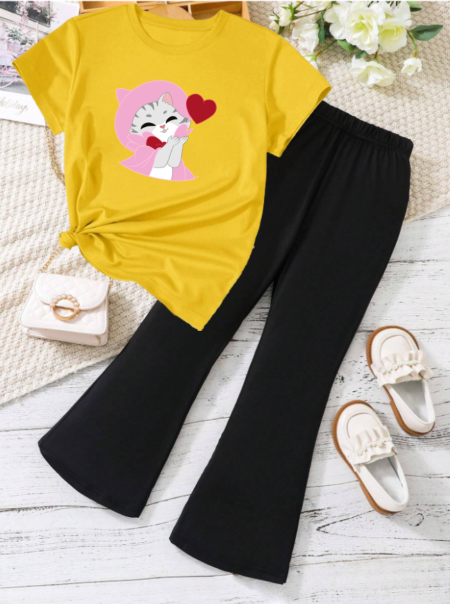 Kids T-Shirt & Plazzo Set (Love Cat)