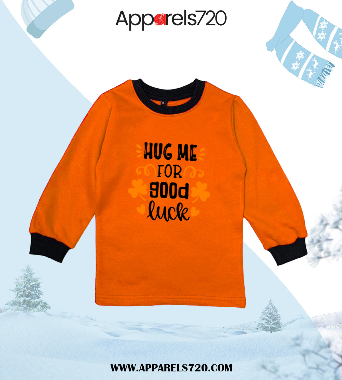 Fleece Printed Sweatshirt For Kids(Hug Me-Orange)