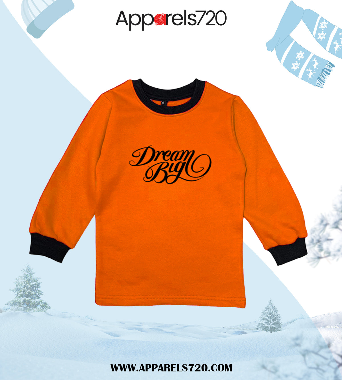 Fleece Printed Sweatshirt For Kids(Dream Big-Orange)