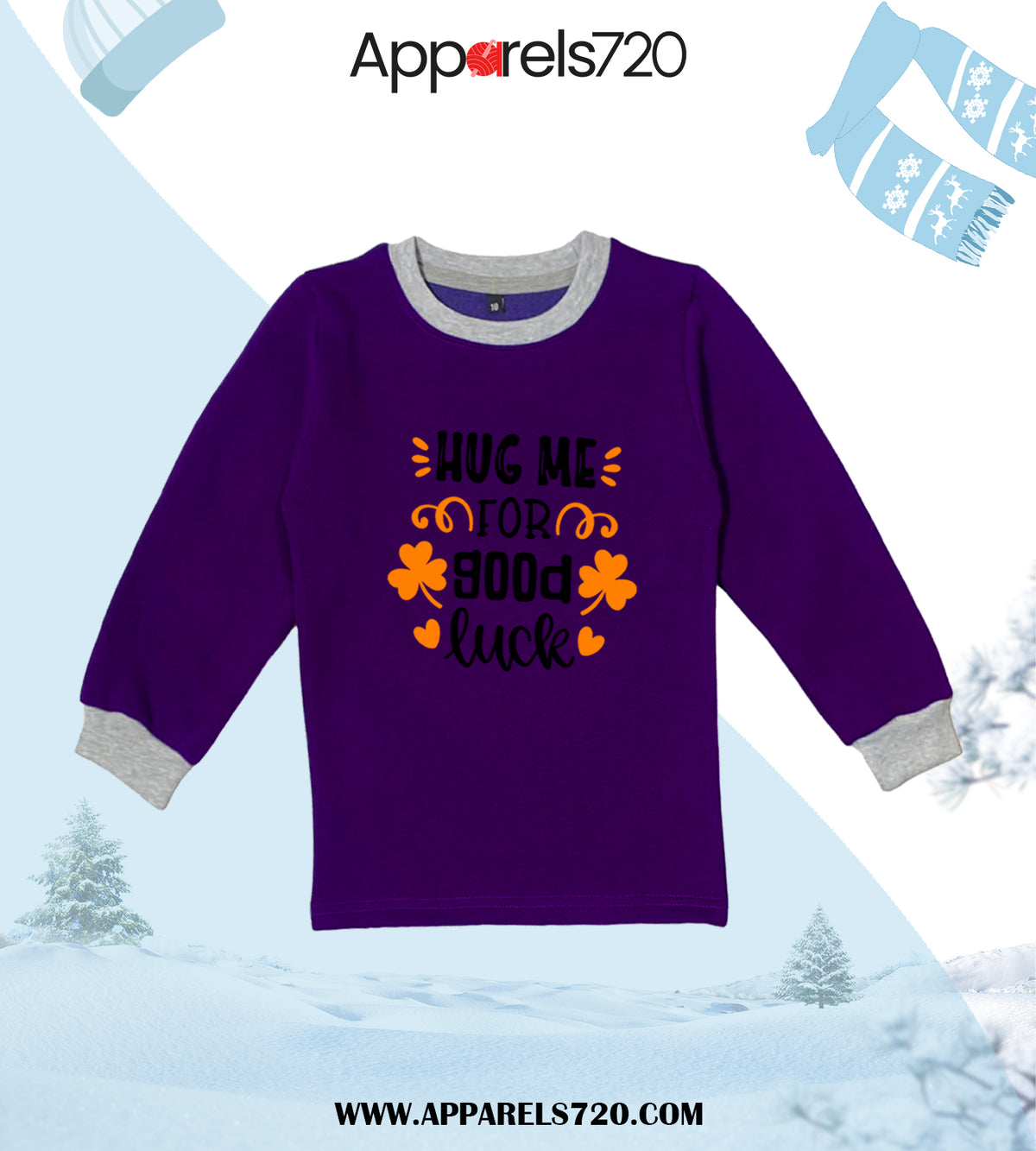 Fleece Printed Sweatshirt For Kids(Hug Me-Purple)