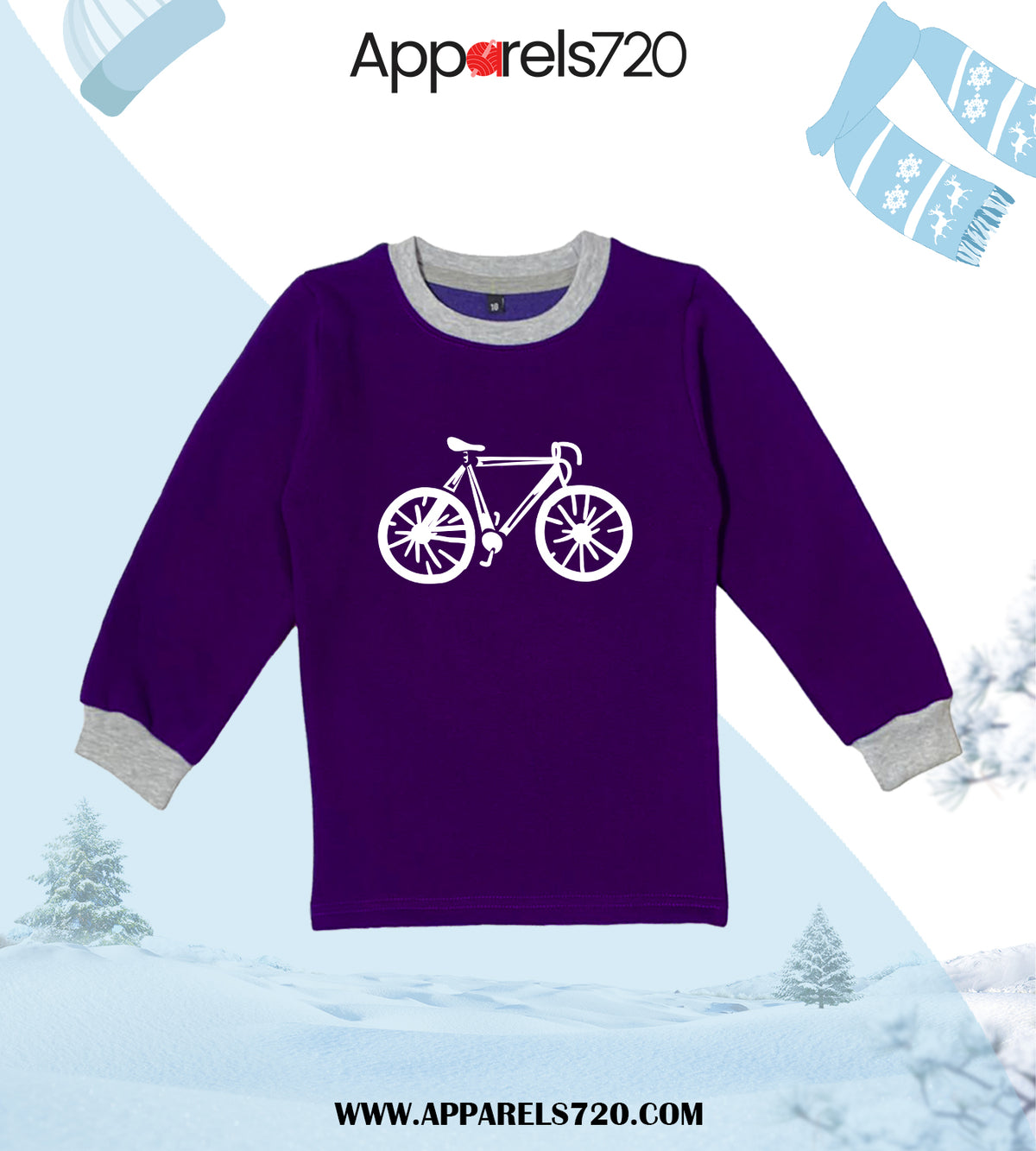 Fleece Printed Sweatshirt For Kids(Cycle-Purple)