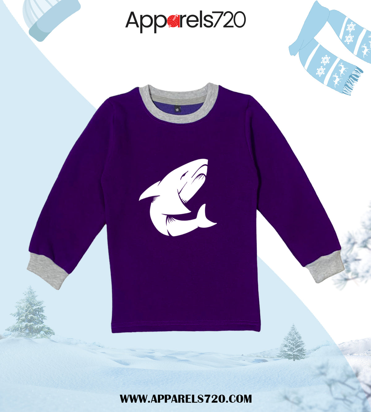 Fleece Printed Sweatshirt For Kids(Fish-Purple)