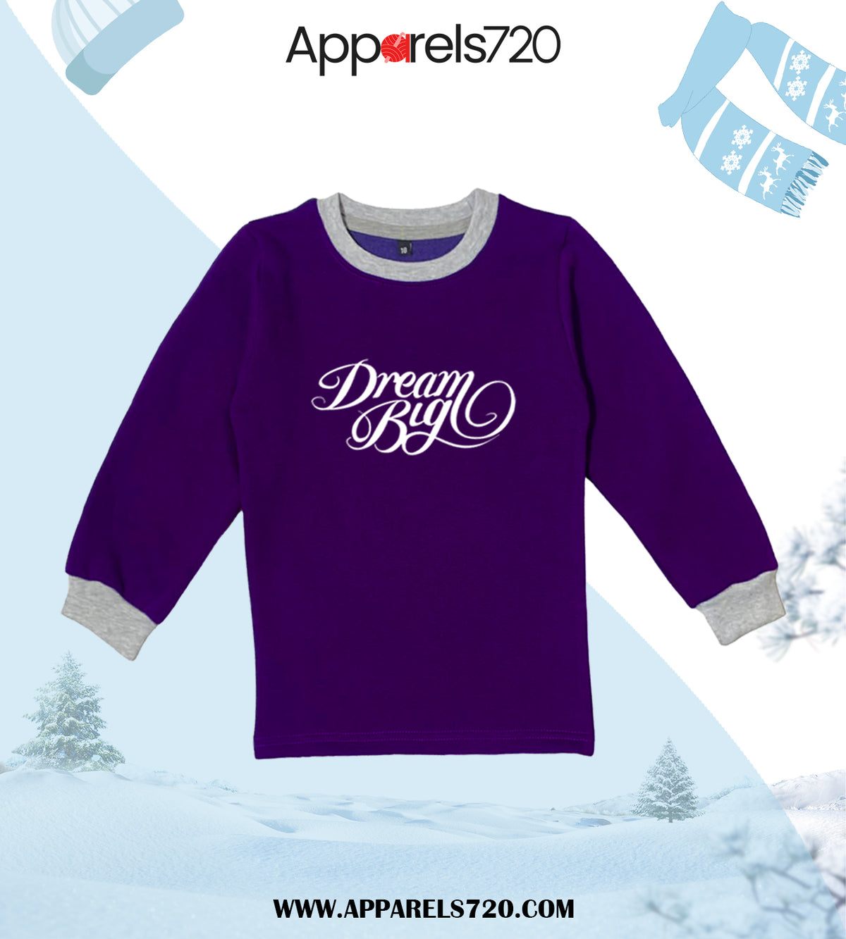 Fleece Printed Sweatshirt For Kids(Dream Big-Purple)