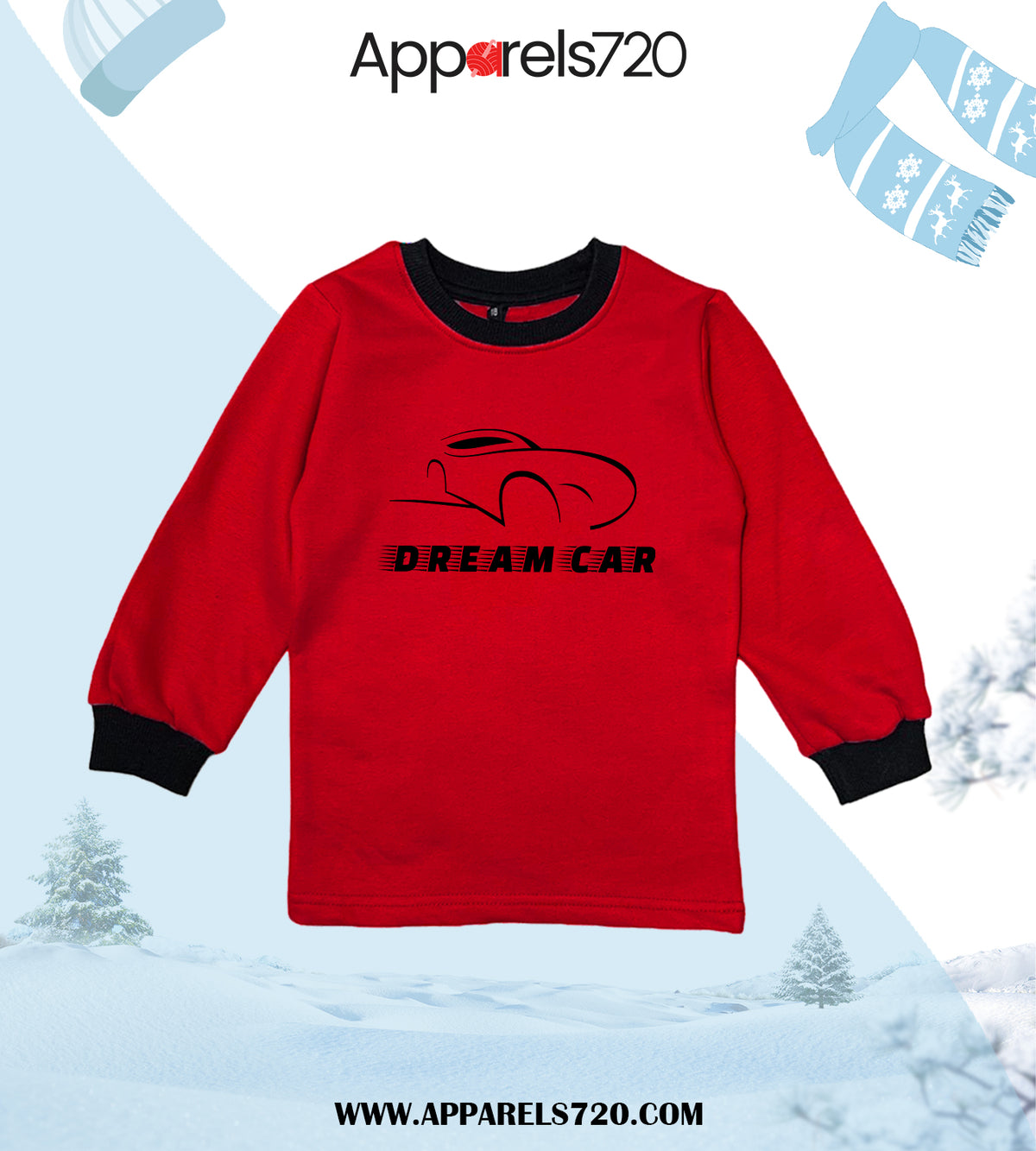 Fleece Printed Sweatshirt For Kids(Dream Car-Red)