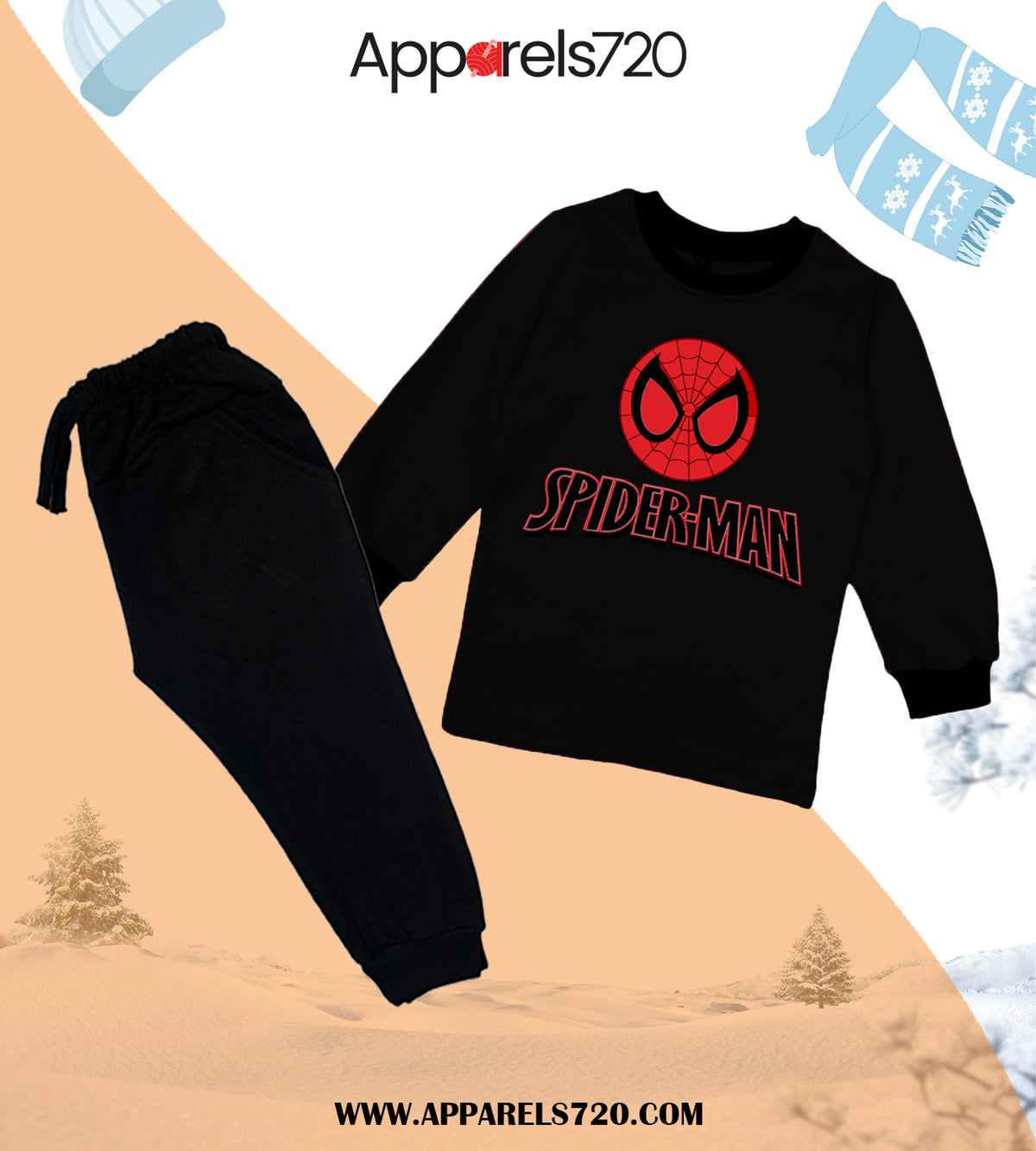 Fleece Spiderman Tracksuit For Kids (Black)