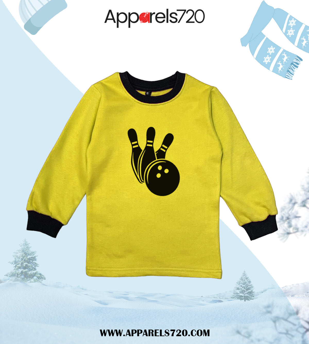 Fleece Printed Sweatshirt For Kids(Bowling-Yellow)