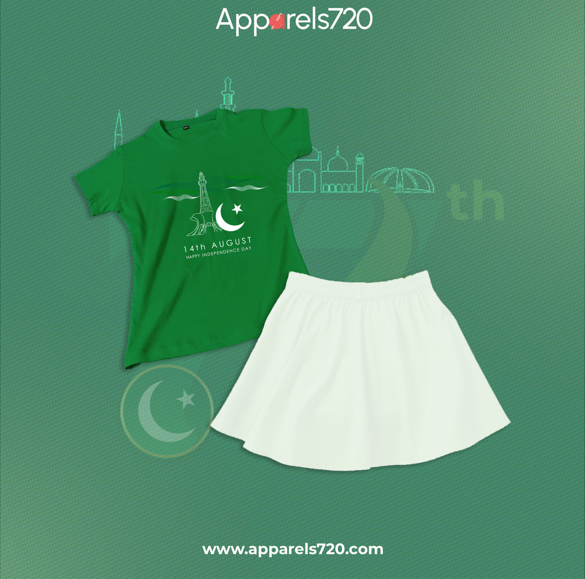 Azadi T-Shirt & Skirt Pair For Kids (Chand Sitara Minar)